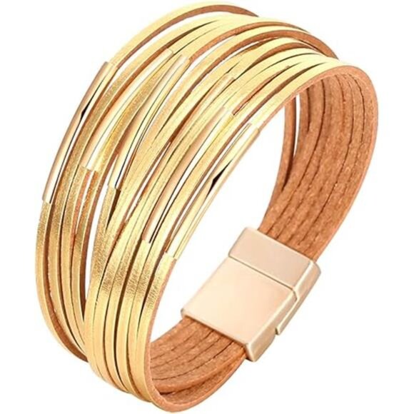 Leather Wrap Bracelets for Women, Boho Leopard Multi-Layer Crystal Beads Cuff - Picture 6 of 6